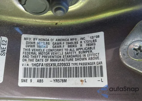 2009 Honda Civic Lx from USA, damaged, VIN 1HGFA165X9L020933